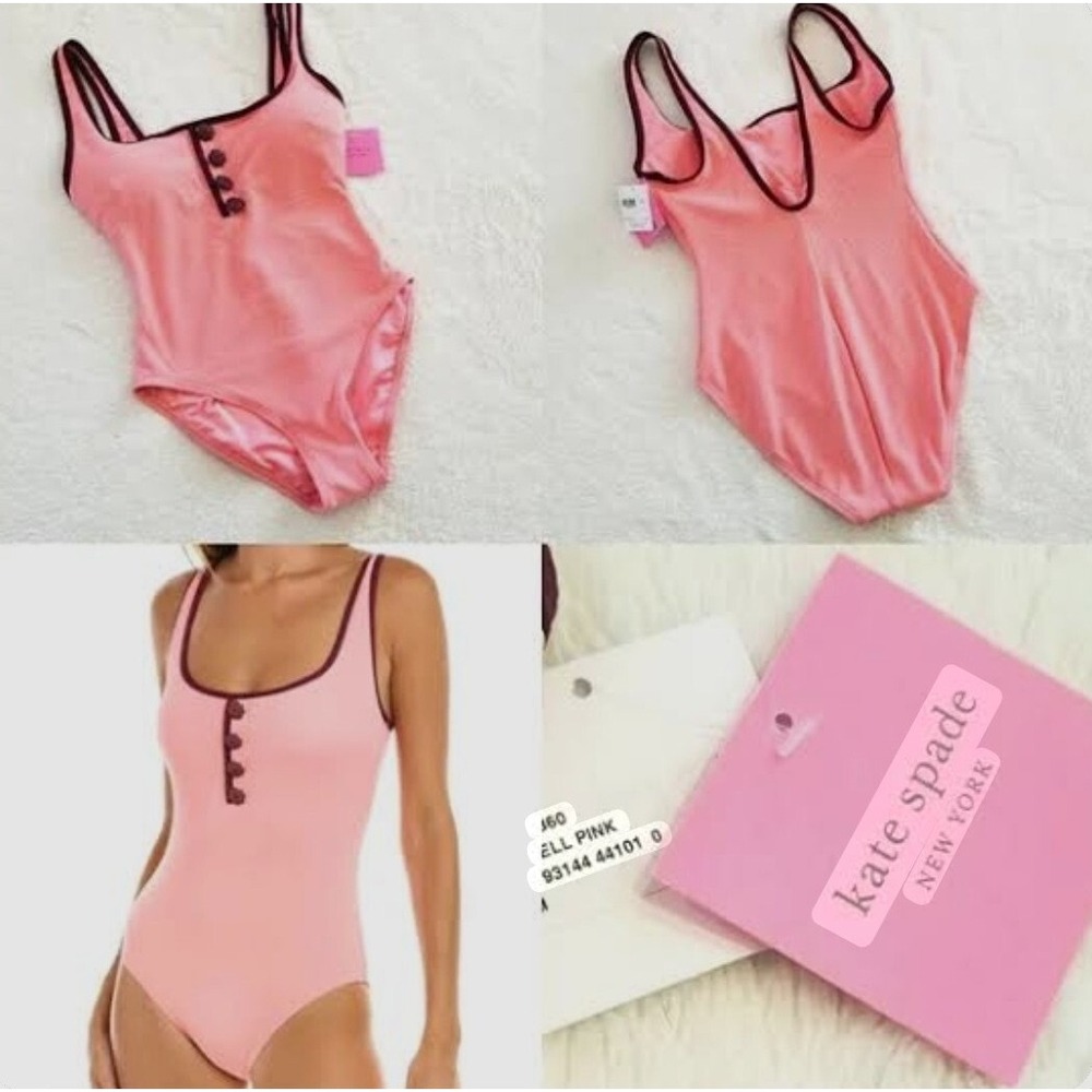 Kate Spade Women XL One Piece Swimsuit Shell Pink Contrast Trim Heart Button NWT